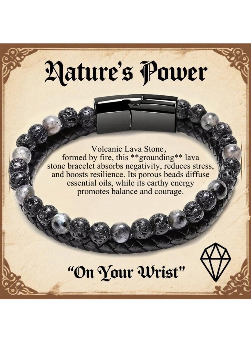 أوليس فيرس  علبتان من أساور حجر الحمم البركانية الطبيعي وسوار كوف من الجلد الأسود المصنوع يدويًا، هدية للرجال والأولاد والأبناء والإخوة - Image 2