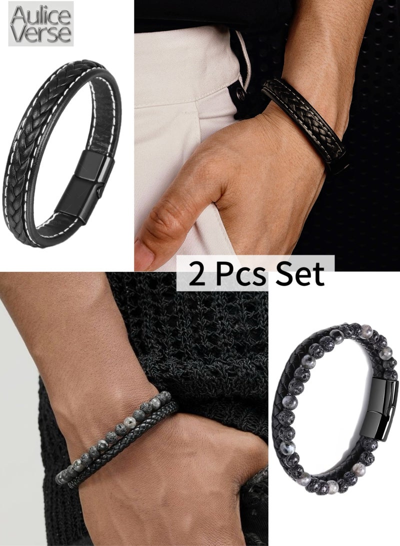 أوليس فيرس  علبتان من أساور حجر الحمم البركانية الطبيعي وسوار كوف من الجلد الأسود المصنوع يدويًا، هدية للرجال والأولاد والأبناء والإخوة - Image 1