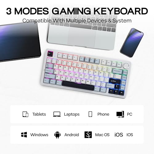 MechLands Aula F75 PRO 75% Wireless Gaming Keyboard, Gasket Mechanical Custom Keyboard with Five-Layer Padding, Bluetooth/2.4GHz/USB-C, Hot Swappable, Knob, RGB, Reaper Switches (White Blue) - Image 3