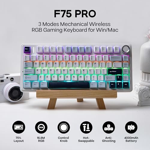 MechLands Aula F75 PRO 75% Wireless Gaming Keyboard, Gasket Mechanical Custom Keyboard with Five-Layer Padding, Bluetooth/2.4GHz/USB-C, Hot Swappable, Knob, RGB, Reaper Switches (White Blue) - Image 2
