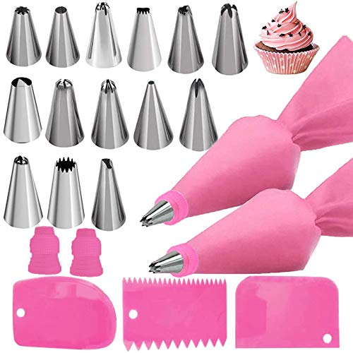 Tailpa Silicone Icing Piping Bag,Reusable Cream Pastry Bag and 14× Stainless Steel Nozzle Set DIY Cake Decorating Tool(14×Nozzle, 2×Icing Cream Pastry Bag and 2 X Converter and 3×Scraper) [Energy Class A+] - Image 1
