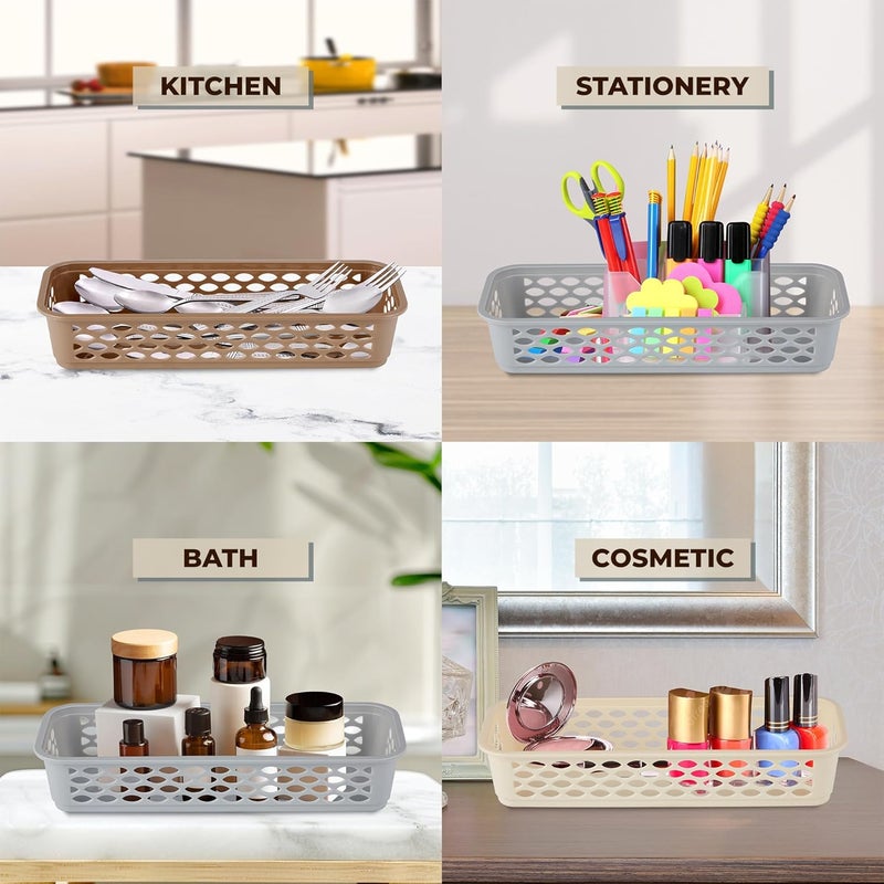 RATAN PLASTICWARE Diana Tray Rectangular-Narrow (Pack of 6) Plastic Storage for Desk Basket/Organizers for Stationery, Jewellery, Tools,Kitchen, Office- Lt Brown/Daiso Grey/Twist Beige - Image 4