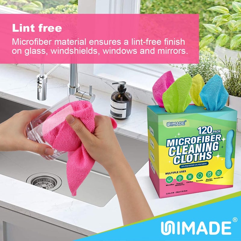 UNIMADE Microfiber Cleaning Cloth, 120 Pack Reusable Paper Towels Microfiber Towels for Cars Lint Free Washable Tissues Shop Rags with Dispenser Box for Home Kitchen Automotive, 11"x 9", Multicolor - Image 4