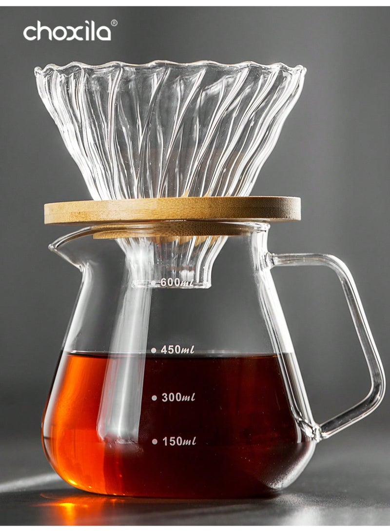 choxila 2pcs/set, Pour Over Coffee Maker Set, Glass Coffee Pot and Filter Cup with Bamboo Stand, Glass Carafe and   Coffee Dripper, Drip Coffee Maker Set for Home or Office, 1-4 Cups - Image 1