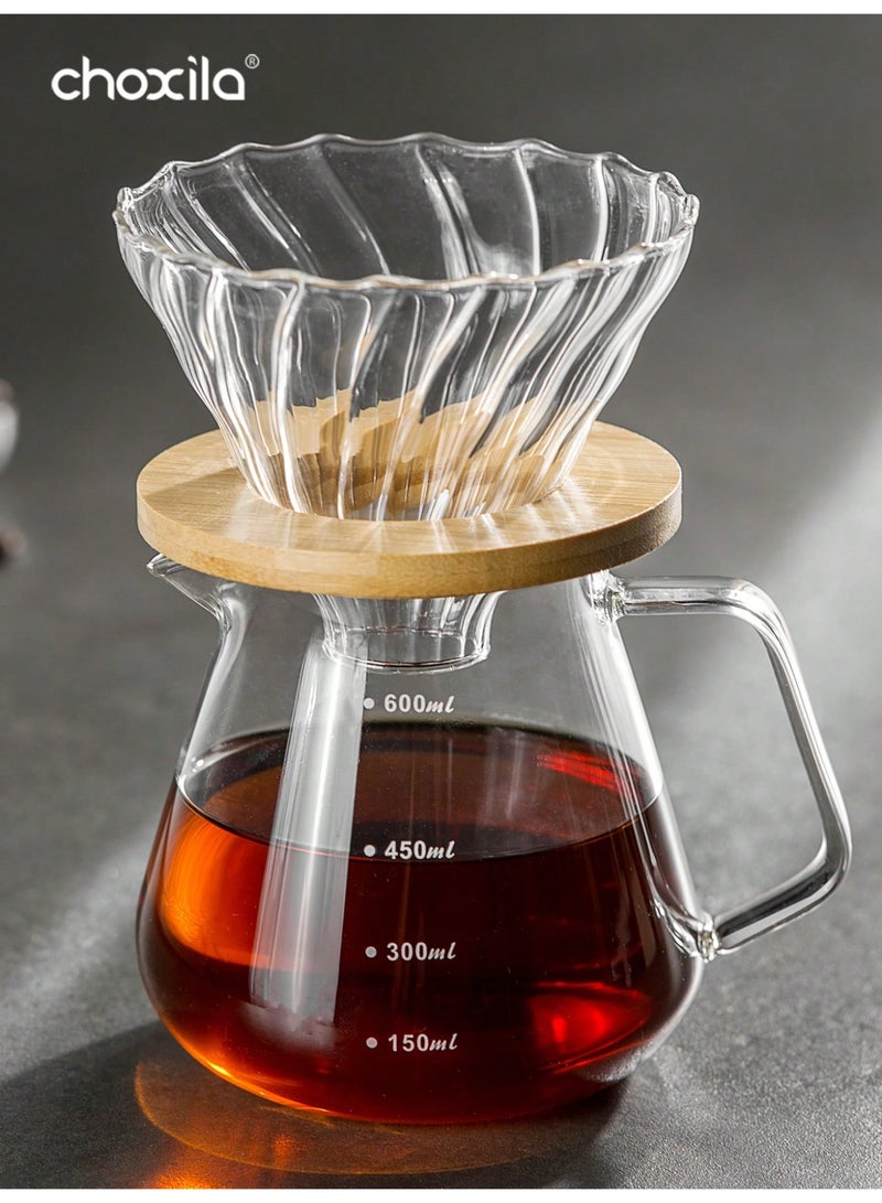 choxila 2pcs/set, Pour Over Coffee Maker Set, Glass Coffee Pot and Filter Cup with Bamboo Stand, Glass Carafe and   Coffee Dripper, Drip Coffee Maker Set for Home or Office, 1-4 Cups - Image 2