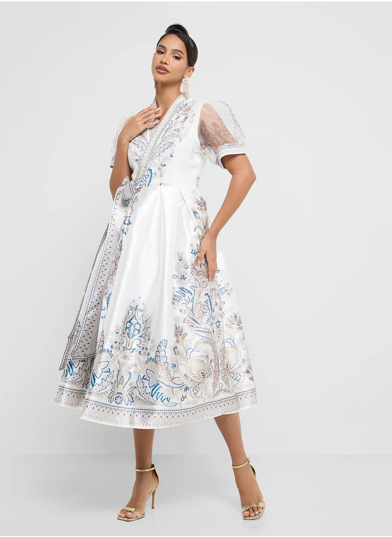 Khizana Long Printed Dress With Bow Tie Detail