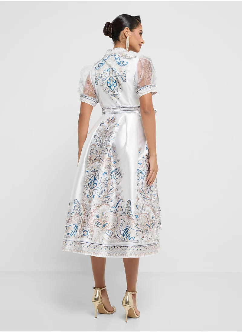 Khizana Long Printed Dress With Bow Tie Detail