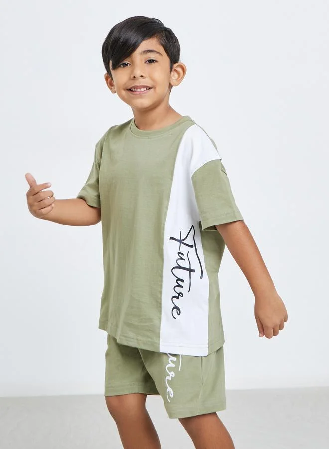 Styli Styli Boys Khaki Color Block T-Shirt and Shorts Set