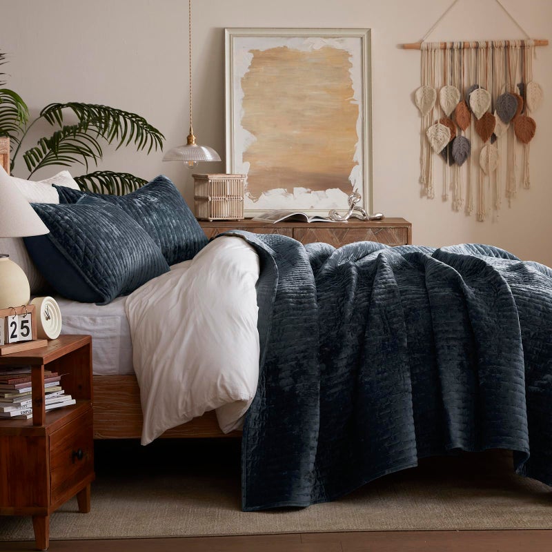 LEAONME Oversized King Quilt 120''x120'', Lightweight Navy Blue Velvet Comforter Set with 2 Matching Shams, Soft Cross Stitch Bedspread Coverlet, Oversized King Bedding Set for All Season - Image 3