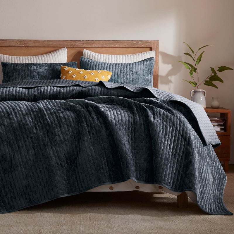 LEAONME Oversized King Quilt 120''x120'', Lightweight Navy Blue Velvet Comforter Set with 2 Matching Shams, Soft Cross Stitch Bedspread Coverlet, Oversized King Bedding Set for All Season - Image 1