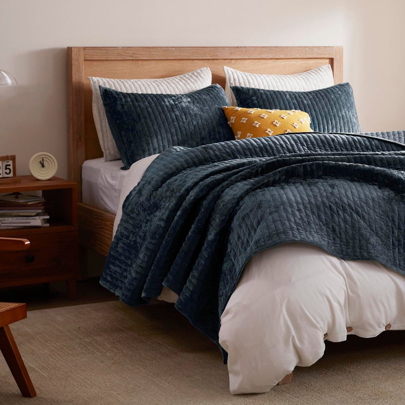 LEAONME Oversized King Quilt 120''x120'', Lightweight Navy Blue Velvet Comforter Set with 2 Matching Shams, Soft Cross Stitch Bedspread Coverlet, Oversized King Bedding Set for All Season - Image 2