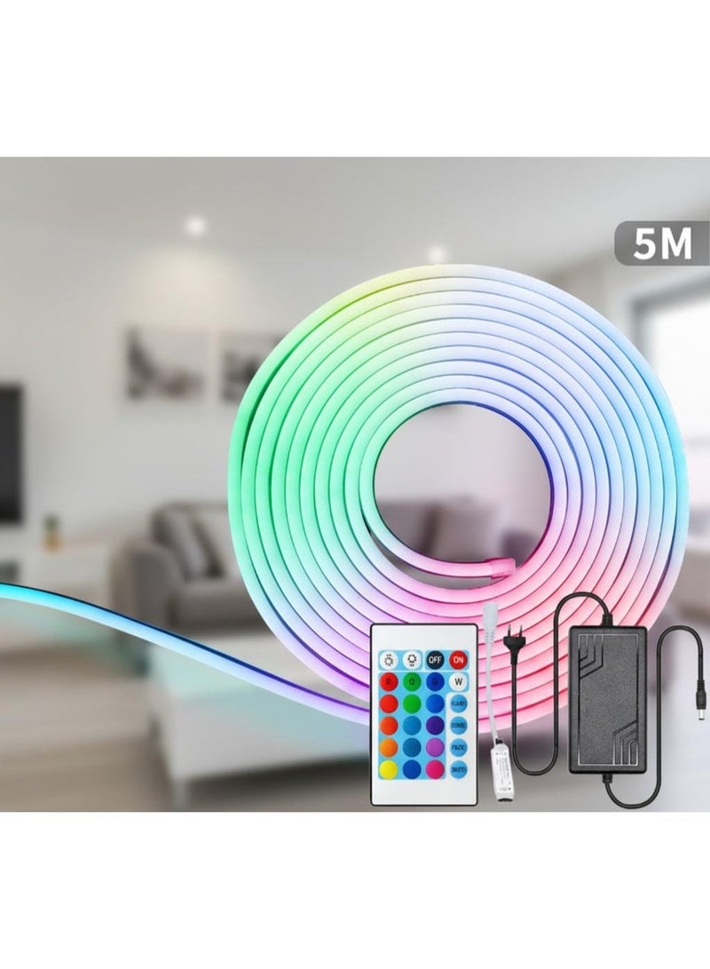 شريط إضاءة LED 5 متر  نيون RGB 12 فولت مع 24 مفتاح تحكم عن بعد، مجموعة تغليف نفطة مرنة للوحة الإعلانات RGB LED - Image 1