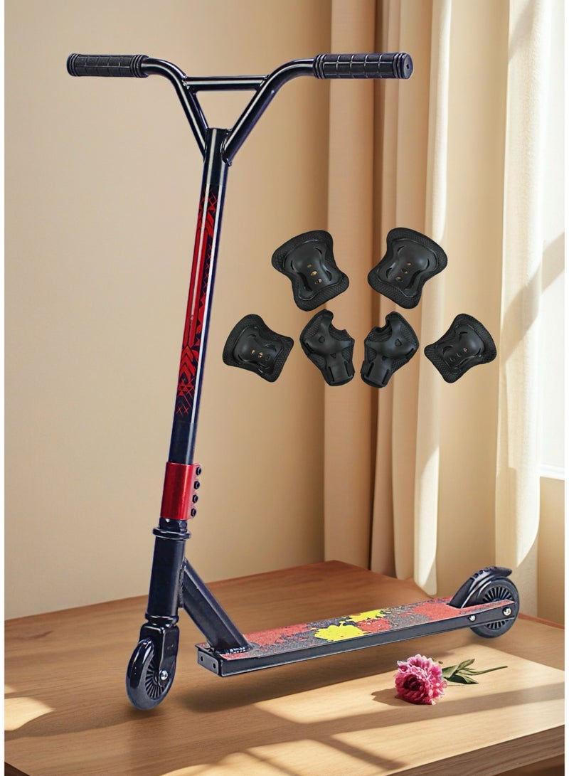 إيزي فيتشور سكوتر إيزي فيوتشر ثنائي العجلات للمحترفين للحركات البهلوانية - سطح من الألومنيوم مع شريط قبضة، عجلات من الألومنيوم 110 مم، مقود عريض على شكل حرف T، فرامل فولاذية، سكوتر خفيف الوزن بزاوية 360 درجة للحركات الحرة للمبتدئين والمتوسطين، بما في ذلك مجموعة معدات الحماية - Image 1