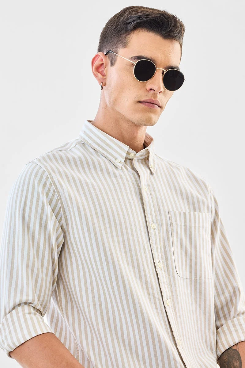 SNITCH Beige Striped Long Sleeve Regular Fit Shirt