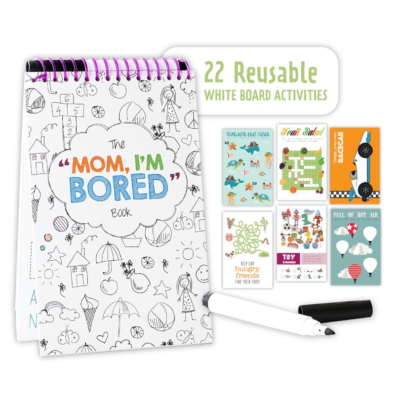 Squirrel Products Mom, I'm Bored Children's Activity Book, Fun Reusable Dry Erase Toy - Roadtrip Essentials, Word Games, Screen Free Activites for Kids Ages 3 and Up - Original Version - Image 1