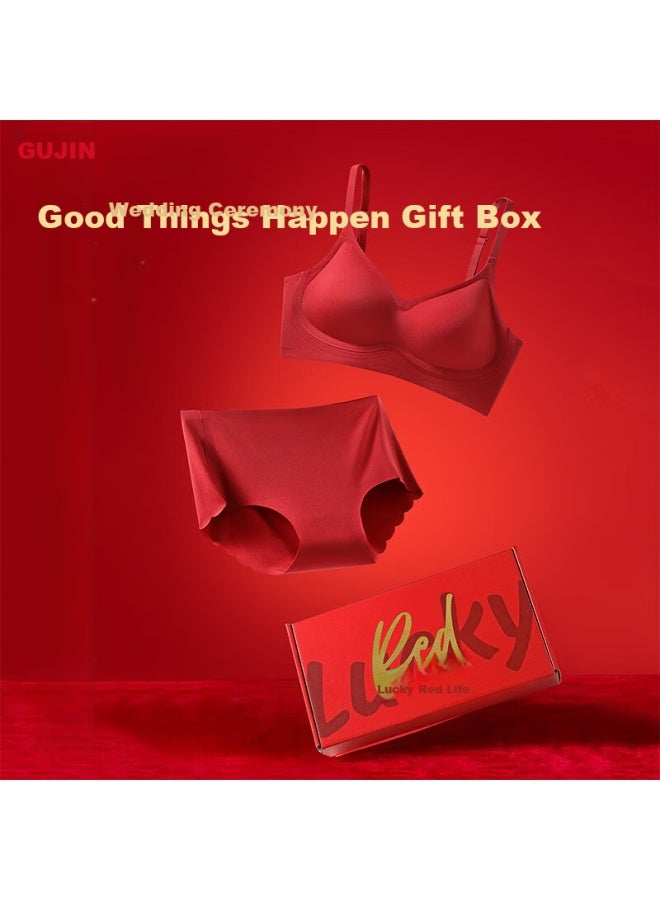 Gujin Red Lingerie Set Small Bust Push-up Bridal Wedding Underwear Gift Box For Festival Female Gift - Image 3