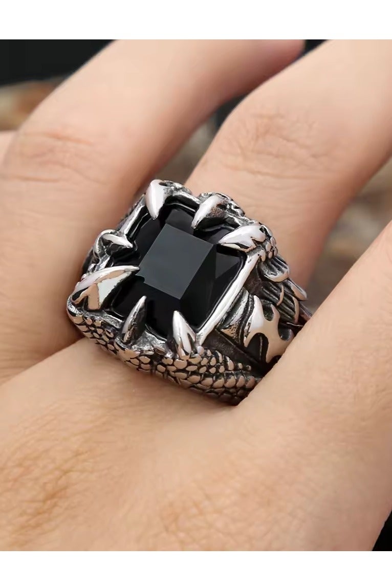 روماد خاتم رجالي بتصميم مخلب تنين من الفولاذ المقاوم للصدأ، بحجر خمر وأسلوب فايكنغ وصخرة قاسية. - Image 2