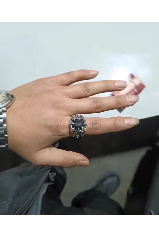 روماد خاتم رجالي بتصميم مخلب تنين من الفولاذ المقاوم للصدأ، بحجر خمر وأسلوب فايكنغ وصخرة قاسية. - Image 4