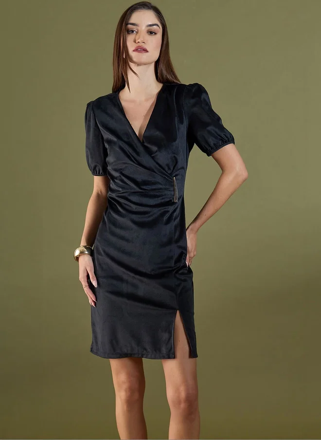 Salt Attire SALT ATTIRE Black Faux Wrap Dress with Puff Sleeves