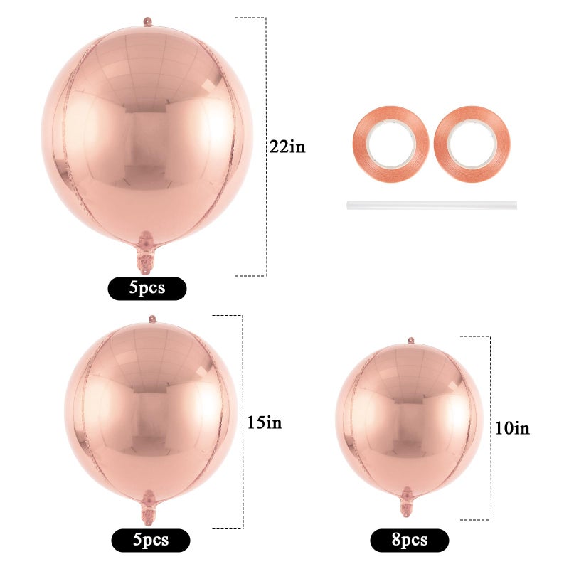 TOTAFAM 18 Pcs Rose Gold Round Foil Balloons Shiny Balloons Set Large Balloon Arch for Birthday Graduation Wedding Bachelorette Party Decorations, 5 Pcs 22 Inches, 5 Pcs 15 Inches, 8 Pcs 10 Inches - Image 2