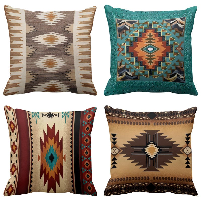 Emvency Set of 4 Throw Pillow Covers Tribal Western Geometric Colorful Nature Color Patterns Turquoise Orange Decorative Pillow Cases Home Decor Square 16x16 Inches Pillowcases - Image 1