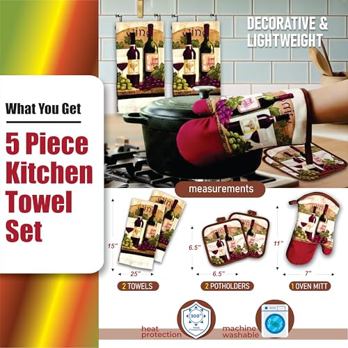 Lobyn Value Packs - Wine Lover’s Kitchen Grape & Wine Bottle Motif, 5 Piece Kitchen Towel Set with 2 Decorative Dish Towels (25 X15), 1 Oven Mitt (11 X 7) and 2 Potholders (6.5 X 6.5) - Image 2