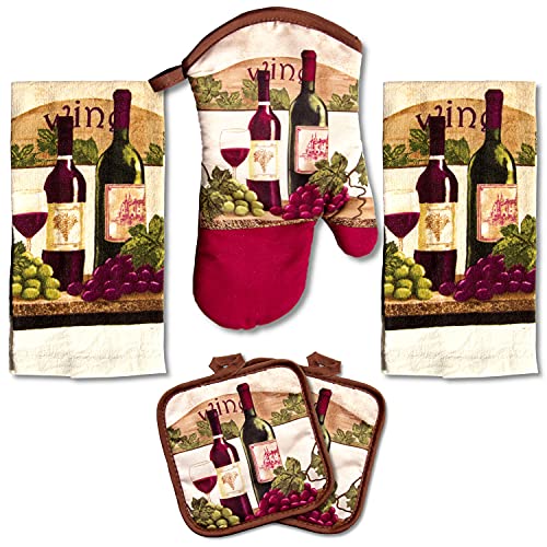 Lobyn Value Packs - Wine Lover’s Kitchen Grape & Wine Bottle Motif, 5 Piece Kitchen Towel Set with 2 Decorative Dish Towels (25 X15), 1 Oven Mitt (11 X 7) and 2 Potholders (6.5 X 6.5) - Image 1