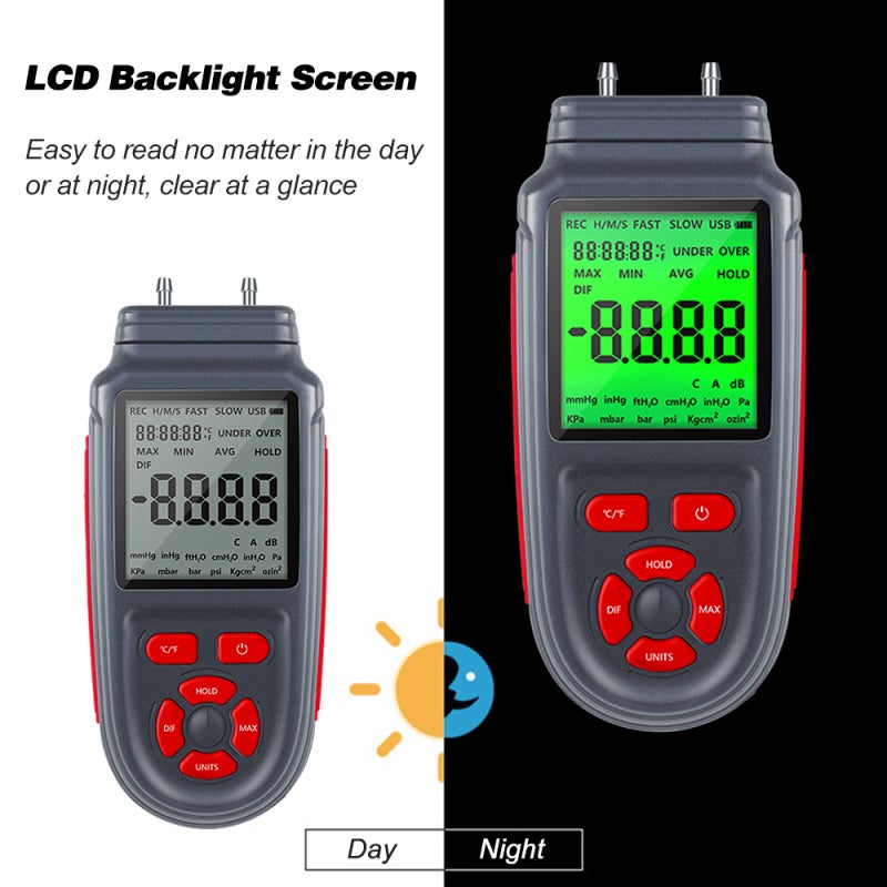 Digital Manometer Gauge: Red 168B Dual Channel Pressure Gauge - LCD Backlight Screen Unit Switchable Temperature Measurement for Natural Gas Pipelines AC Ventilation Industrial Equipment Detection - Image 5
