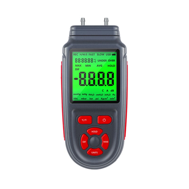 Digital Manometer Gauge: Red 168B Dual Channel Pressure Gauge - LCD Backlight Screen Unit Switchable Temperature Measurement for Natural Gas Pipelines AC Ventilation Industrial Equipment Detection - Image 1