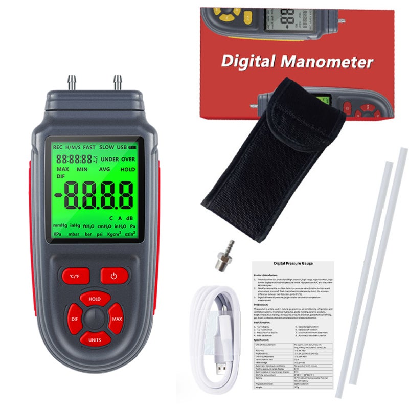 Digital Manometer Gauge: Red 168B Dual Channel Pressure Gauge - LCD Backlight Screen Unit Switchable Temperature Measurement for Natural Gas Pipelines AC Ventilation Industrial Equipment Detection - Image 3