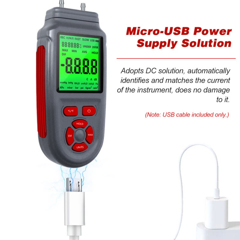 Digital Manometer Gauge: Red 168B Dual Channel Pressure Gauge - LCD Backlight Screen Unit Switchable Temperature Measurement for Natural Gas Pipelines AC Ventilation Industrial Equipment Detection - Image 4