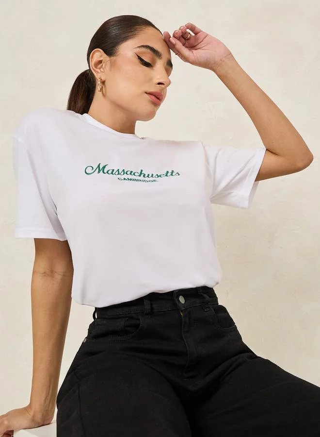 ستايلي Oversized Embroidered Massachusetts Slogan T-Shirt