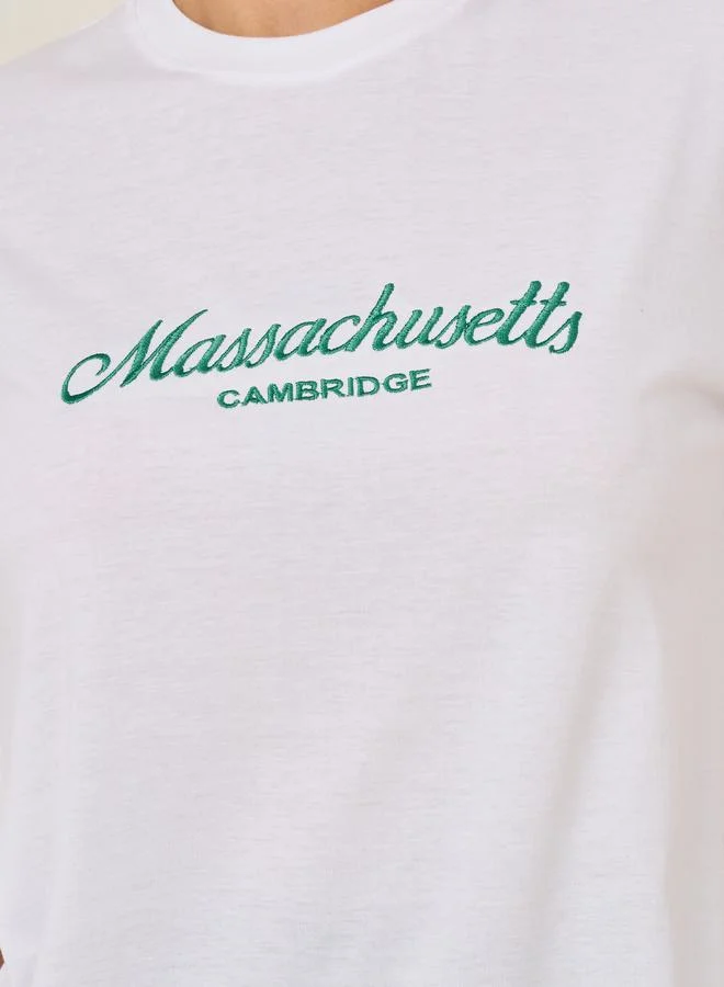 ستايلي Oversized Embroidered Massachusetts Slogan T-Shirt