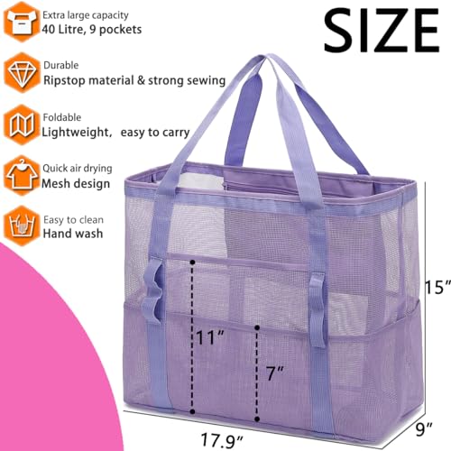 Fammart Mesh Beach Bag, Large Beach Tote with Zipper Pocket for Family Pool Bag for Toys & Vacation Essentials - Image 2