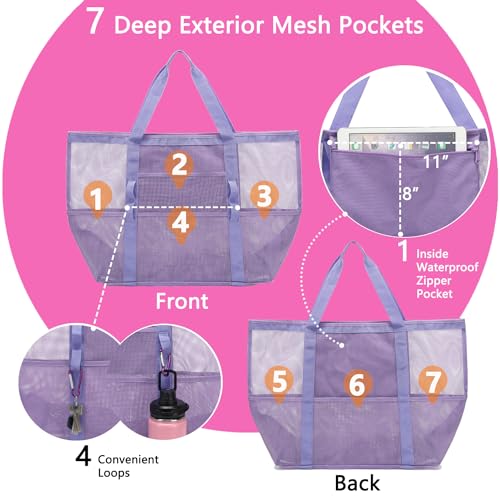 Fammart Mesh Beach Bag, Large Beach Tote with Zipper Pocket for Family Pool Bag for Toys & Vacation Essentials - Image 3