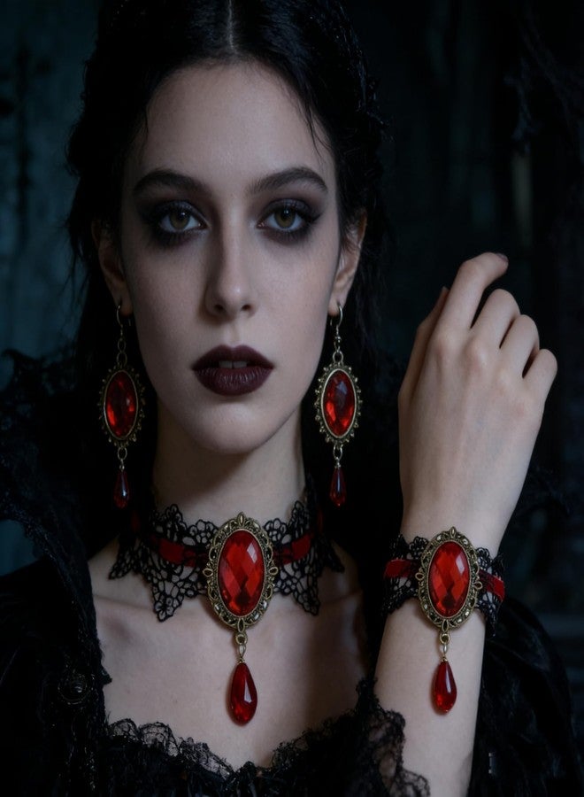 IS4U Gothic Lace Earrings Bracelet Choker Necklace Set for Women Vintage Red Black Crystal Necklace Earrings Bracelet Punk Style Halloween Set Mysterious Vampire Costume Clothing Accessories (Red) - Image 2