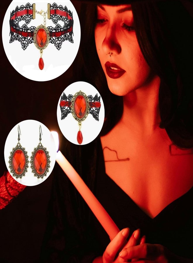 IS4U Gothic Lace Earrings Bracelet Choker Necklace Set for Women Vintage Red Black Crystal Necklace Earrings Bracelet Punk Style Halloween Set Mysterious Vampire Costume Clothing Accessories (Red) - Image 4