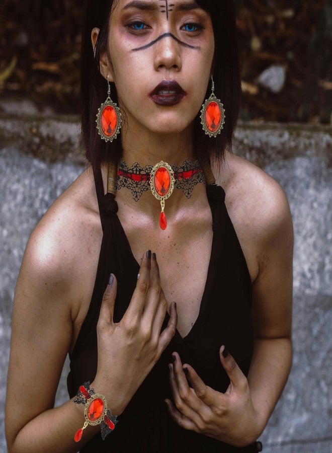IS4U Gothic Lace Earrings Bracelet Choker Necklace Set for Women Vintage Red Black Crystal Necklace Earrings Bracelet Punk Style Halloween Set Mysterious Vampire Costume Clothing Accessories (Red) - Image 3