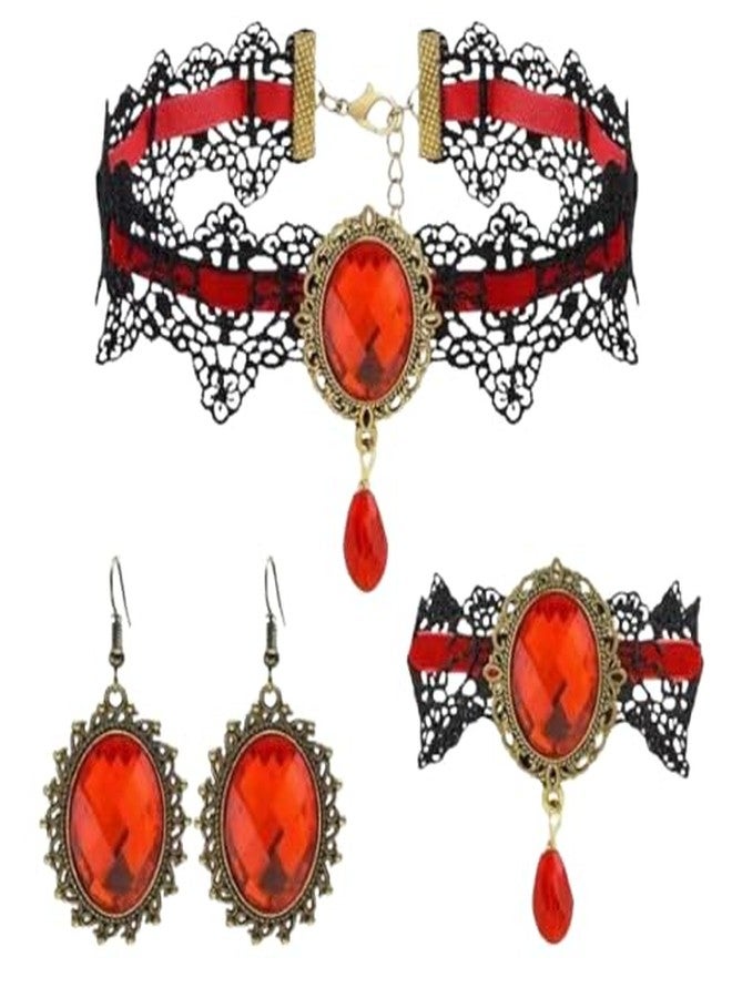 IS4U Gothic Lace Earrings Bracelet Choker Necklace Set for Women Vintage Red Black Crystal Necklace Earrings Bracelet Punk Style Halloween Set Mysterious Vampire Costume Clothing Accessories (Red) - Image 1