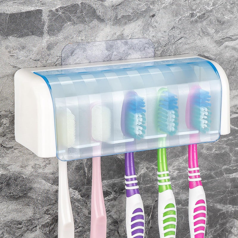 LUEXBOX 5 Slots Wall Mount Toothbrush Holder with Cover, Self Adhesive Toothbrush Storage Organizer for Shower, Toothbrush Hanger for Bathroom, Medicine Cabinet, Dorm(White + Blue) - Image 1