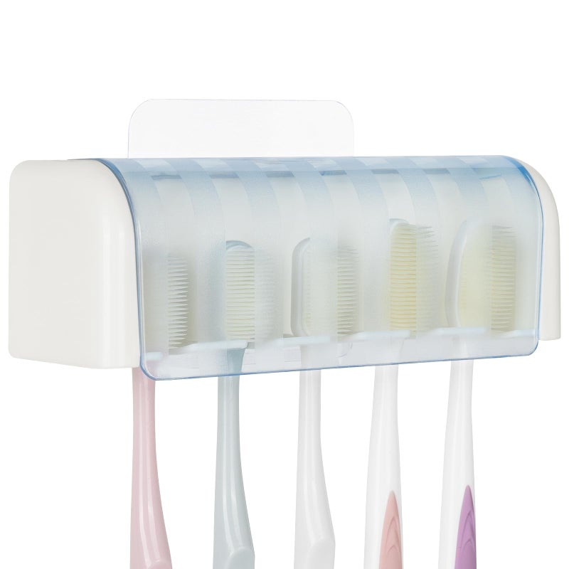 LUEXBOX 5 Slots Wall Mount Toothbrush Holder with Cover, Self Adhesive Toothbrush Storage Organizer for Shower, Toothbrush Hanger for Bathroom, Medicine Cabinet, Dorm(White + Blue) - Image 4
