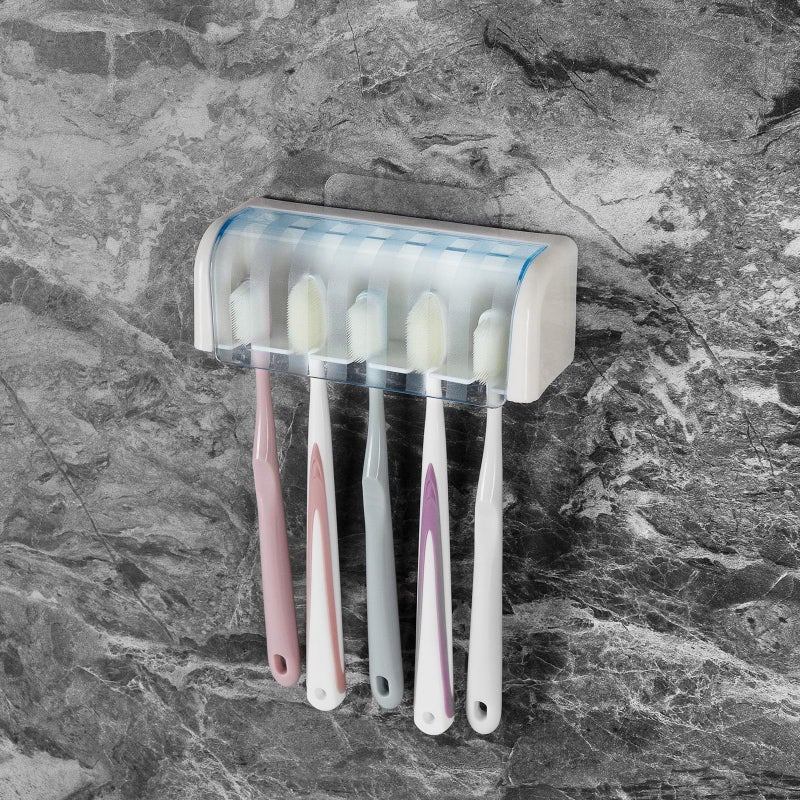 LUEXBOX 5 Slots Wall Mount Toothbrush Holder with Cover, Self Adhesive Toothbrush Storage Organizer for Shower, Toothbrush Hanger for Bathroom, Medicine Cabinet, Dorm(White + Blue) - Image 5