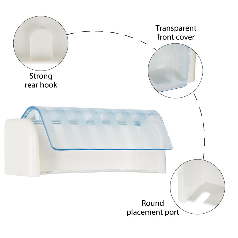 LUEXBOX 5 Slots Wall Mount Toothbrush Holder with Cover, Self Adhesive Toothbrush Storage Organizer for Shower, Toothbrush Hanger for Bathroom, Medicine Cabinet, Dorm(White + Blue) - Image 3
