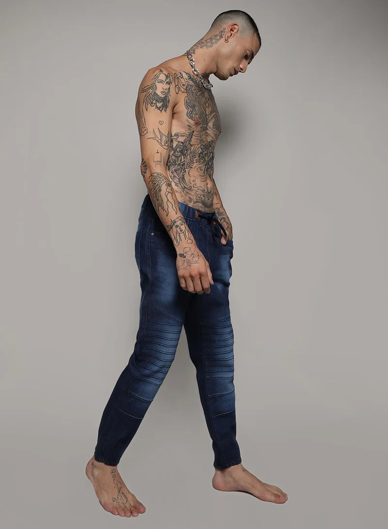 Campus Sutra Men's Classic Solid Dark Blue Dark-Wash Skinny Fit Denim Jeans | Stretchable Cotton Mid-Rise Drawstring Denim Jeans Crafted With Comfort Fit For Everyday Wear