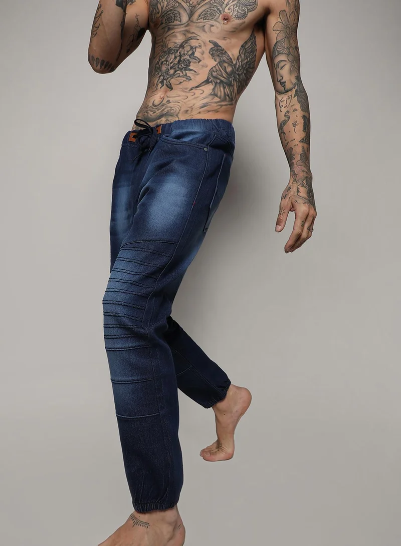 Campus Sutra Men's Classic Solid Dark Blue Dark-Wash Skinny Fit Denim Jeans | Stretchable Cotton Mid-Rise Drawstring Denim Jeans Crafted With Comfort Fit For Everyday Wear