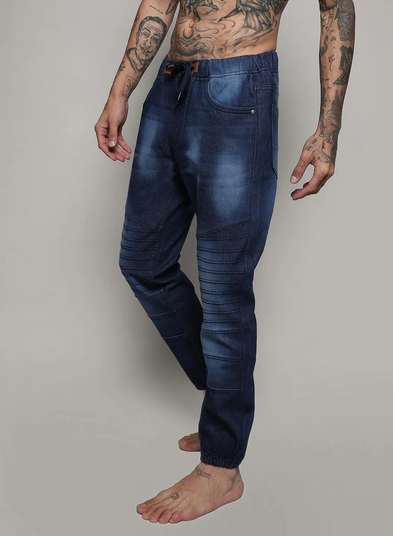 Campus Sutra Men's Classic Solid Dark Blue Dark-Wash Skinny Fit Denim Jeans | Stretchable Cotton Mid-Rise Drawstring Denim Jeans Crafted With Comfort Fit For Everyday Wear