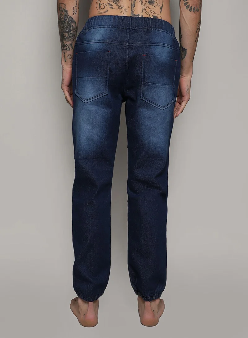 Campus Sutra Men's Classic Solid Dark Blue Dark-Wash Skinny Fit Denim Jeans | Stretchable Cotton Mid-Rise Drawstring Denim Jeans Crafted With Comfort Fit For Everyday Wear