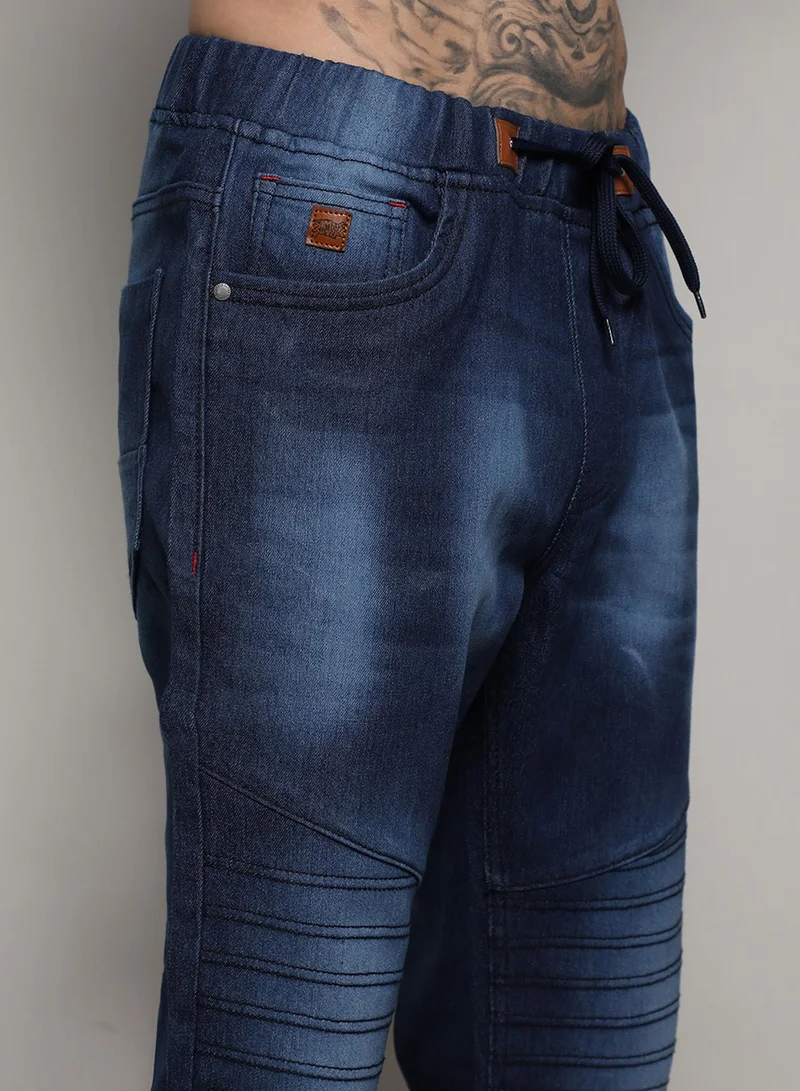 Campus Sutra Men's Classic Solid Dark Blue Dark-Wash Skinny Fit Denim Jeans | Stretchable Cotton Mid-Rise Drawstring Denim Jeans Crafted With Comfort Fit For Everyday Wear