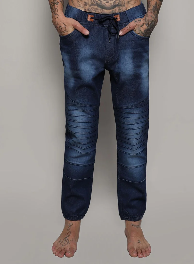 Campus Sutra Men's Classic Solid Dark Blue Dark-Wash Skinny Fit Denim Jeans | Stretchable Cotton Mid-Rise Drawstring Denim Jeans Crafted With Comfort Fit For Everyday Wear