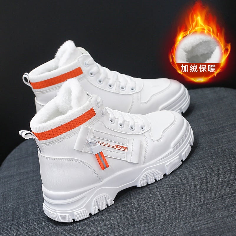Fleece-Lined Cotton Shoes Womens 2023 Winter High-Top Boots Fashionable Warm Flats 3521 white orange